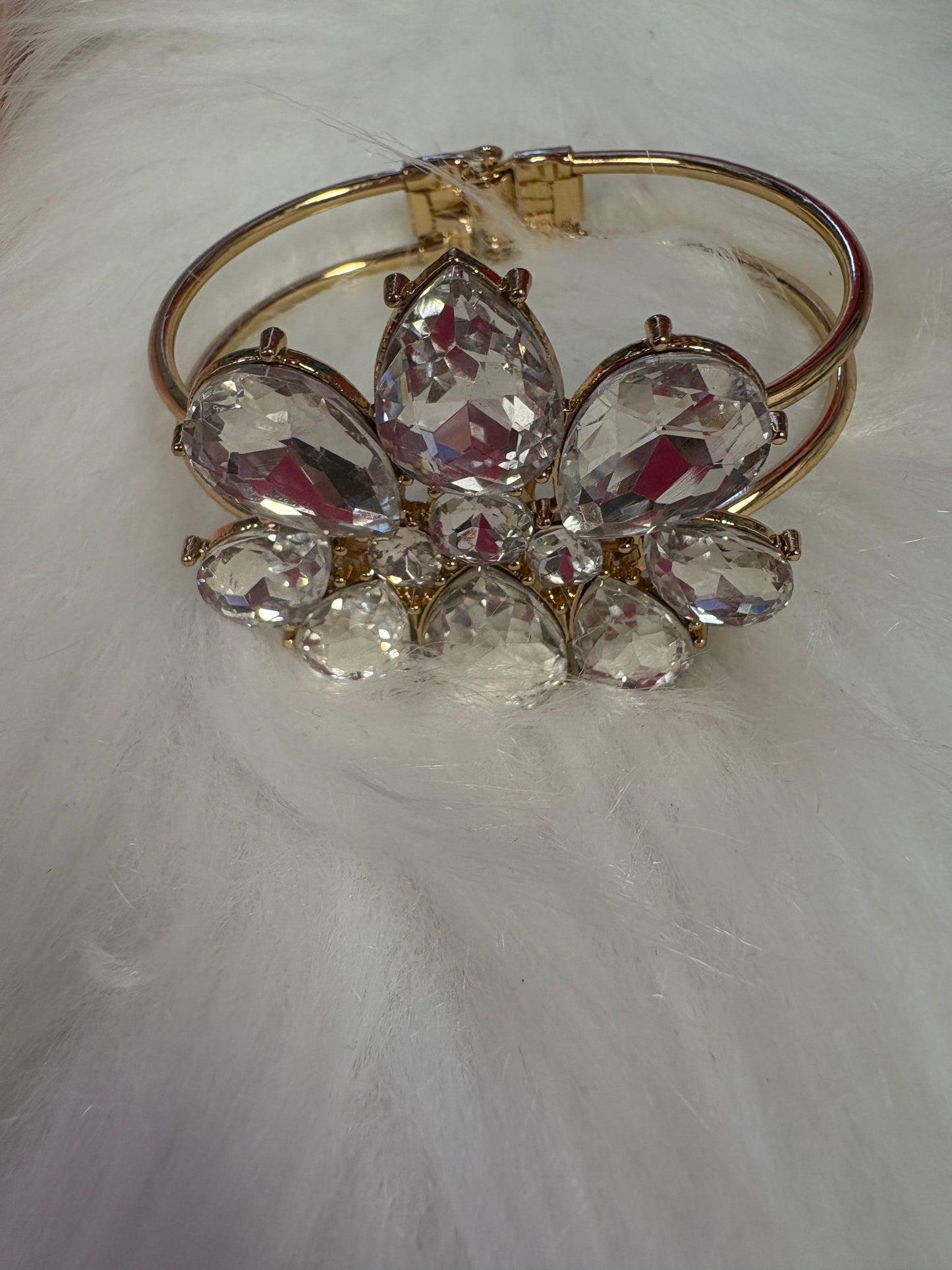 Gold Frame White Gem Flower Hinged Bracelet