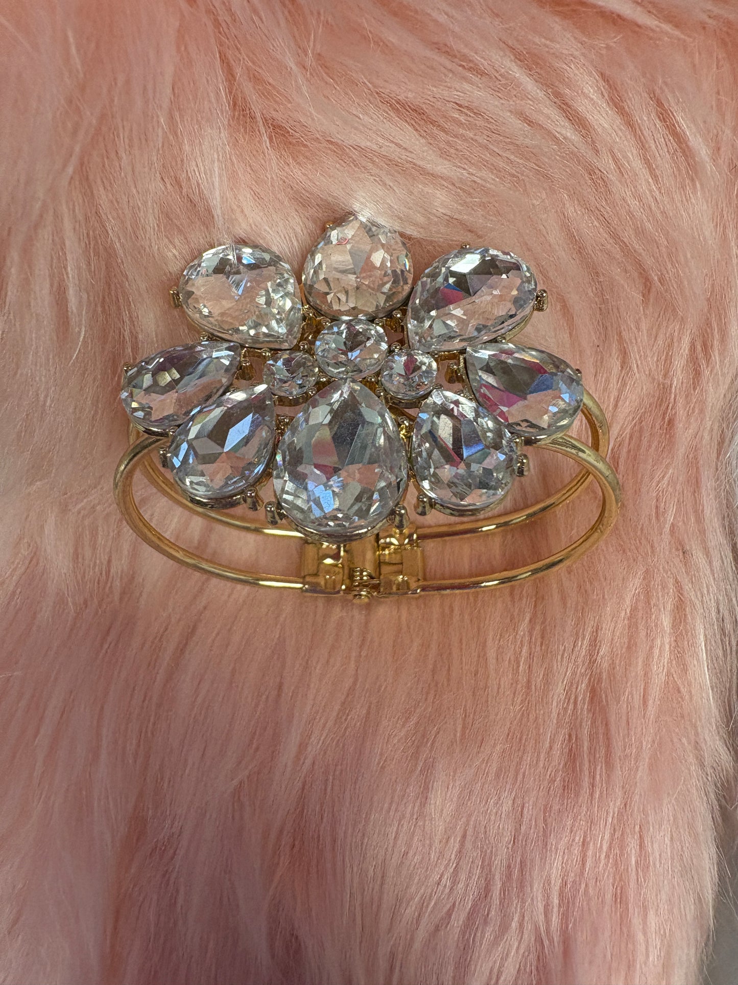 Gold Frame White Gem Flower Hinged Bracelet