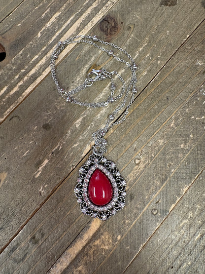Red Stone Teardrop Pendant on a Silver Chain Necklace