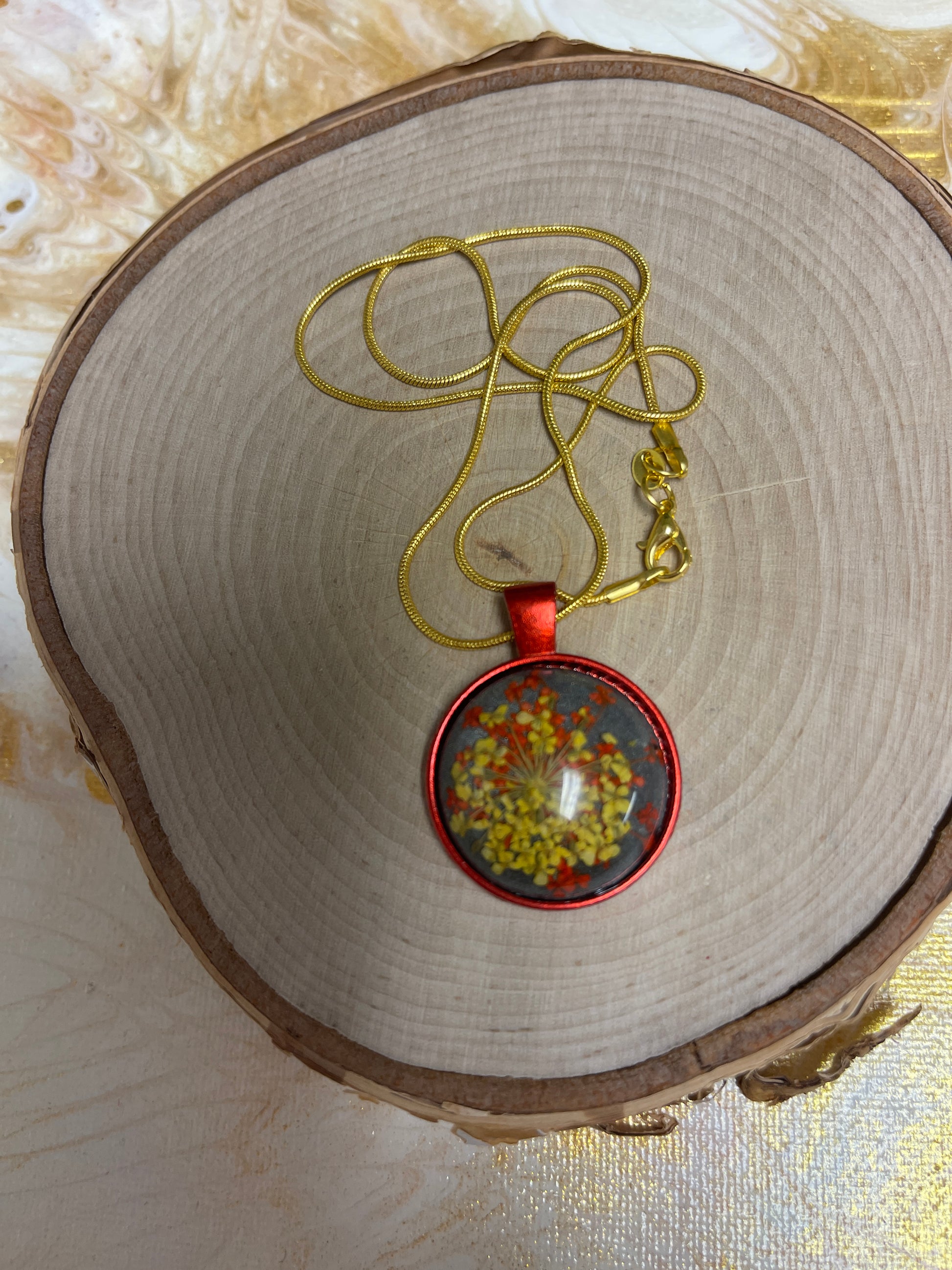 Flower Cabochon Round  Pendant on a Gold Chain NecklacePink tiful of LOVE
