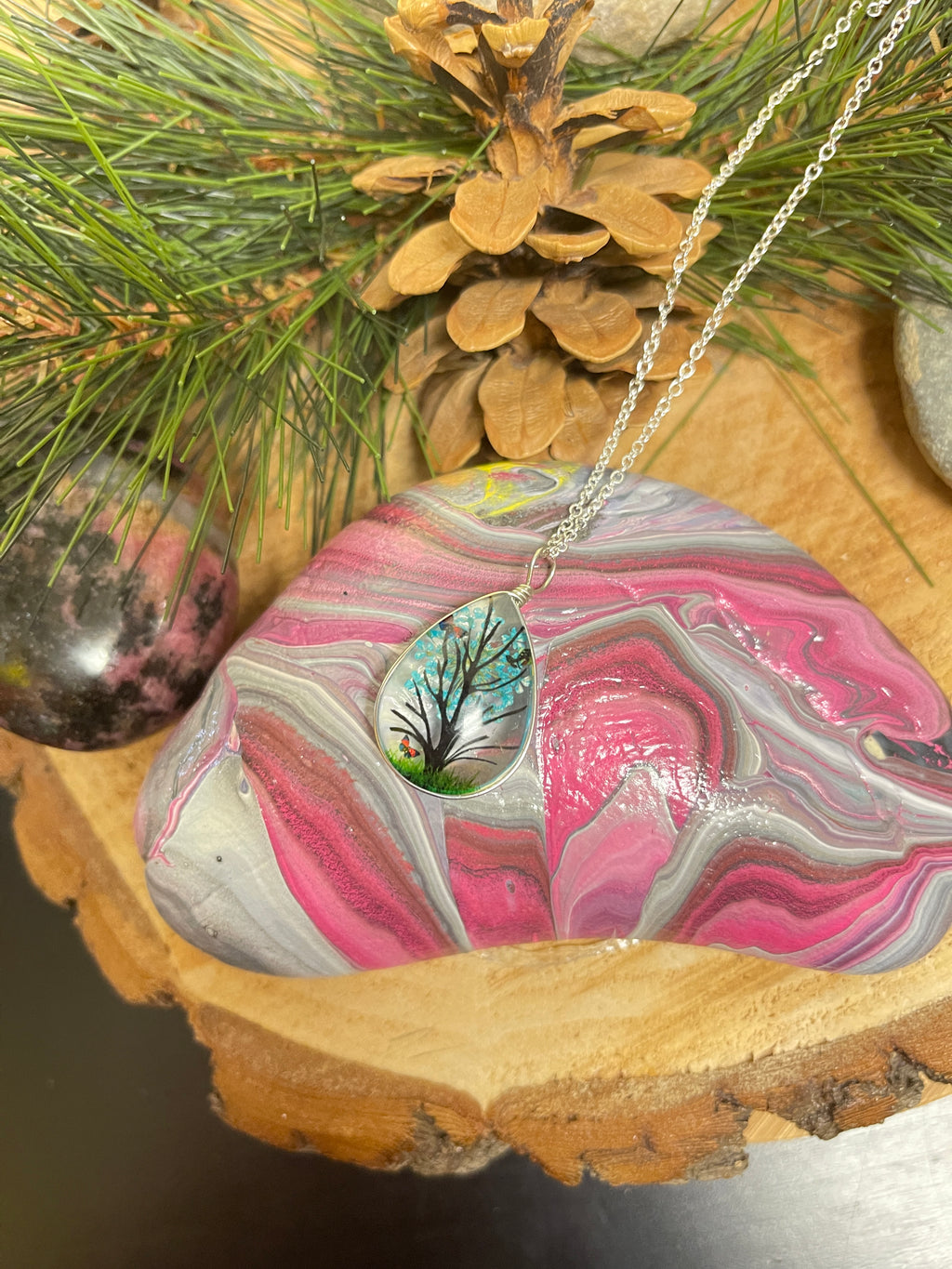 Floating Tree & Flower Teardrop Pendant on a Silver chain Necklace