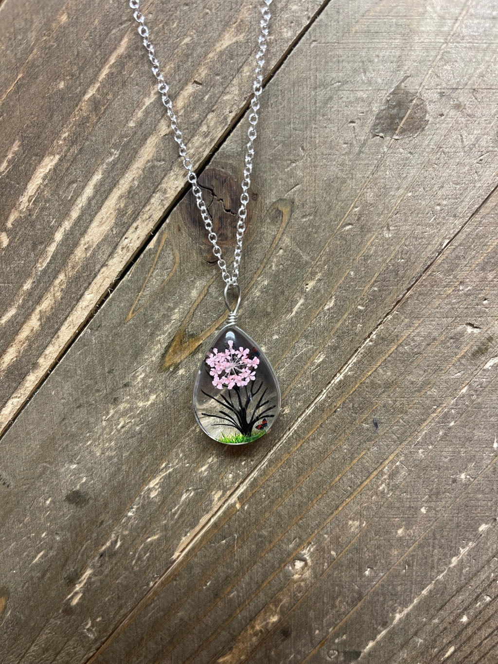 Floating Tree & Flower Teardrop Pendant on a Silver chain Necklace