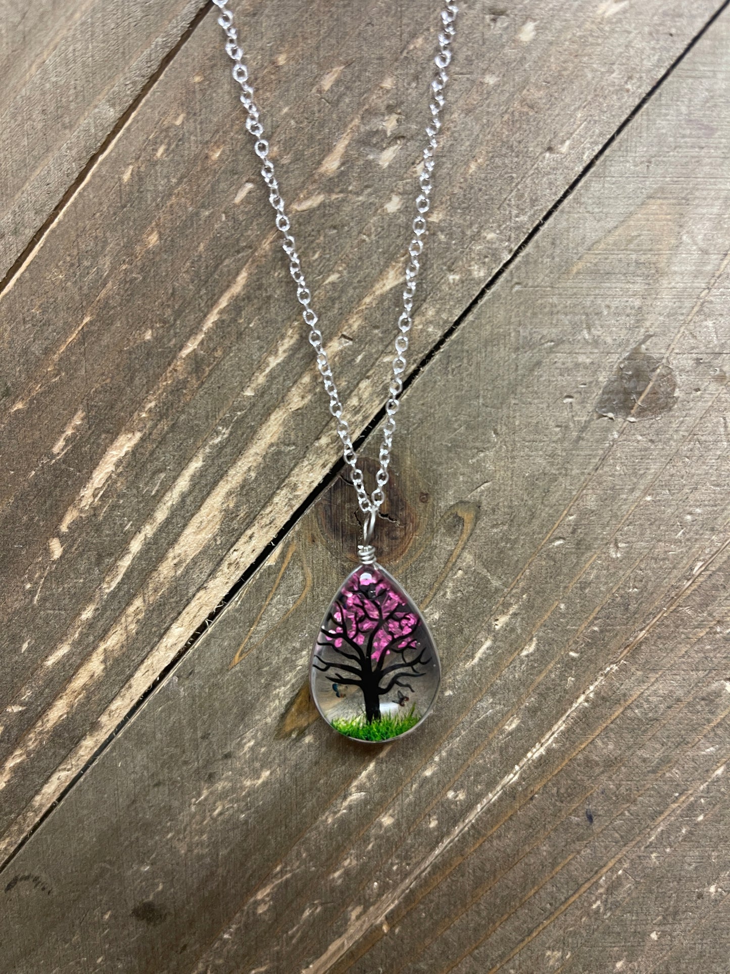 Floating Tree & Flower Teardrop Pendant on a Silver chain Necklace