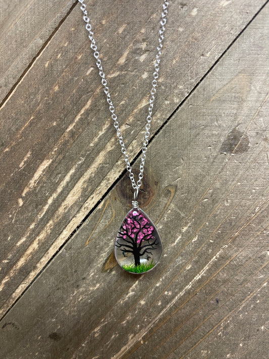 Floating Tree &amp; Flower Teardrop on a Silver chain NecklacePink tiful of LOVE