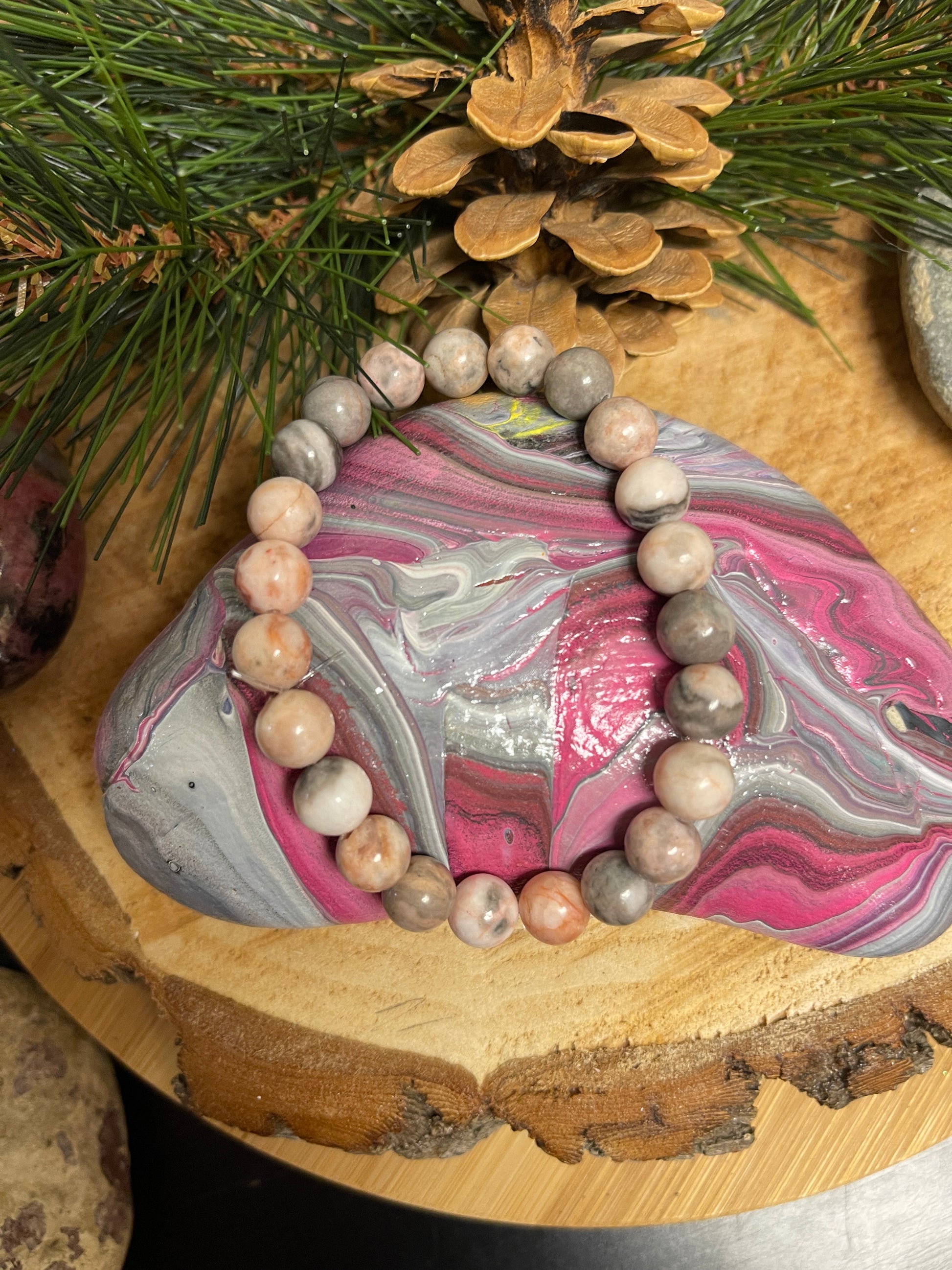 Zebra Jasper gemstone beaded Stretch braceletPink tiful of LOVE
