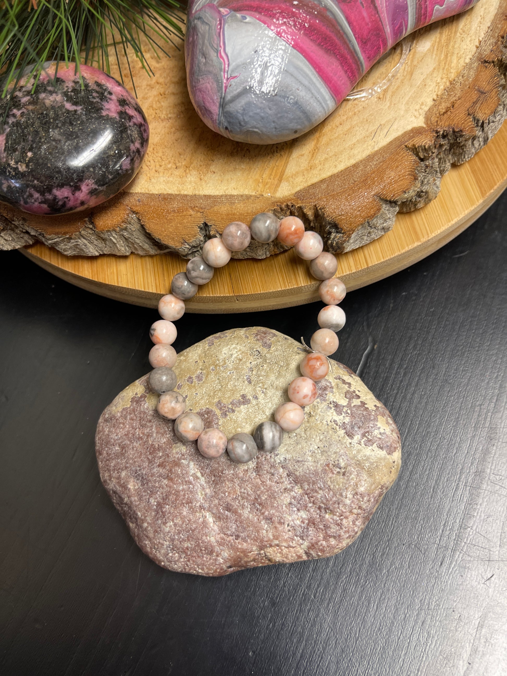 Zebra Jasper gemstone beaded Stretch braceletPink tiful of LOVE