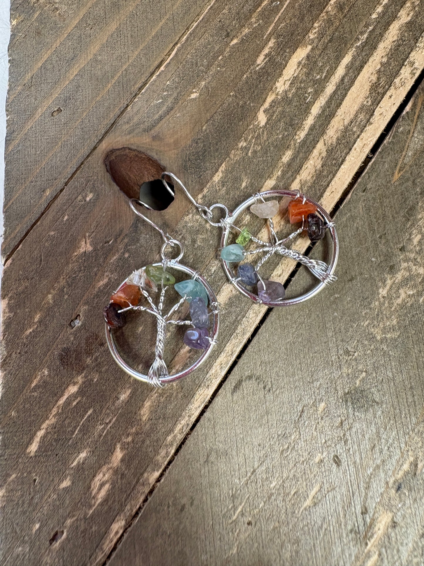 Multi Agate Chip Silver Tree Wire Earrings