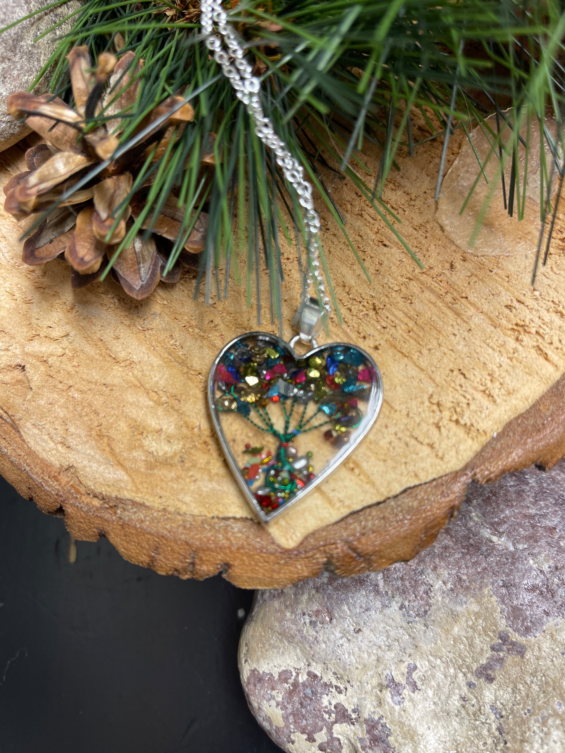 Heart Tree Bezel Pendant on a  Silver chain NecklacePink tiful of LOVE