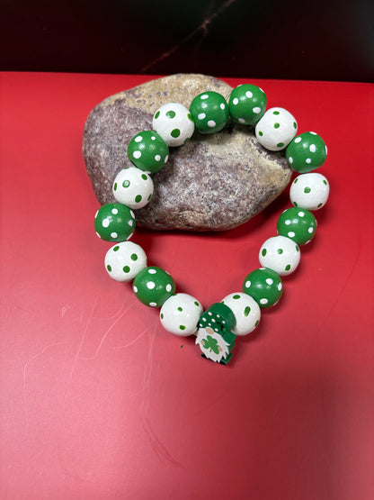 St. Patrick's Day Wooden Round Polka Dot Beaded Elastic/Stretch Bracelet