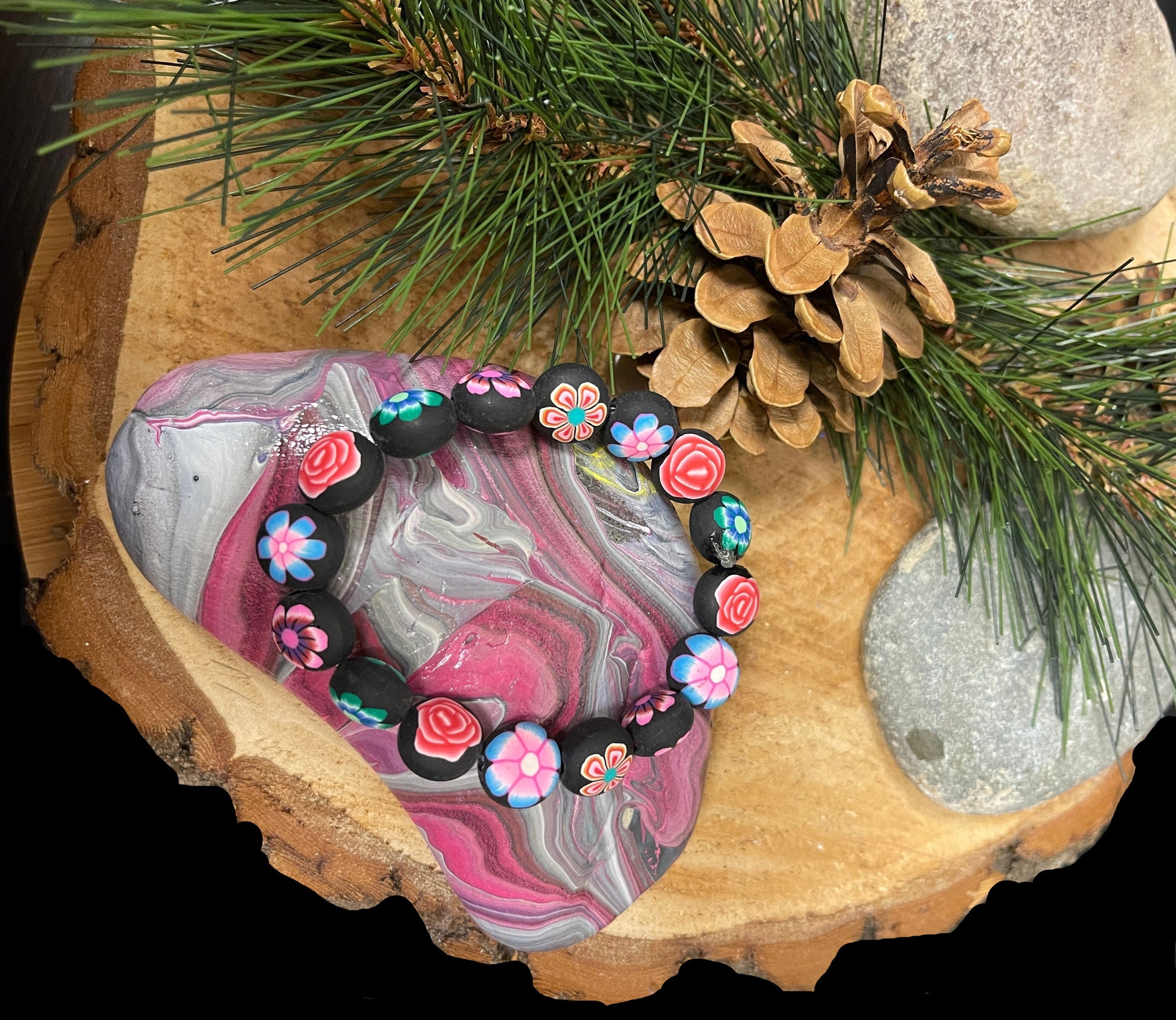 Multi Flower Clay beaded Stretch braceletPink tiful of LOVE
