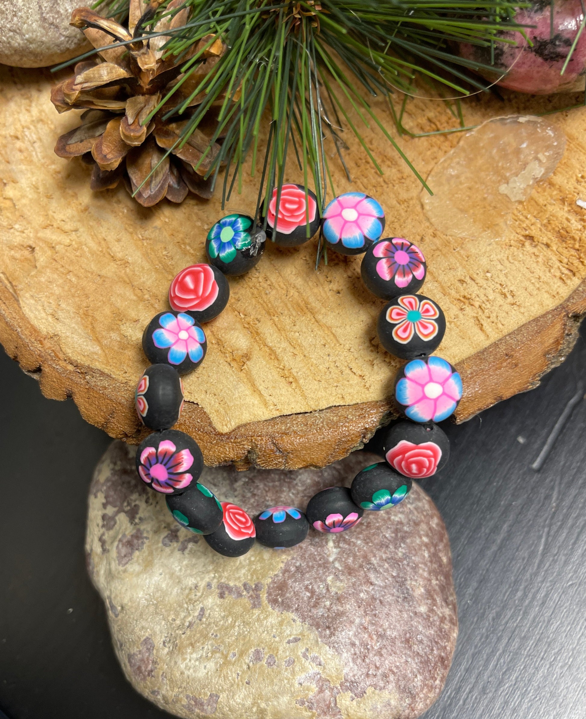Multi Flower Clay beaded Stretch braceletPink tiful of LOVE