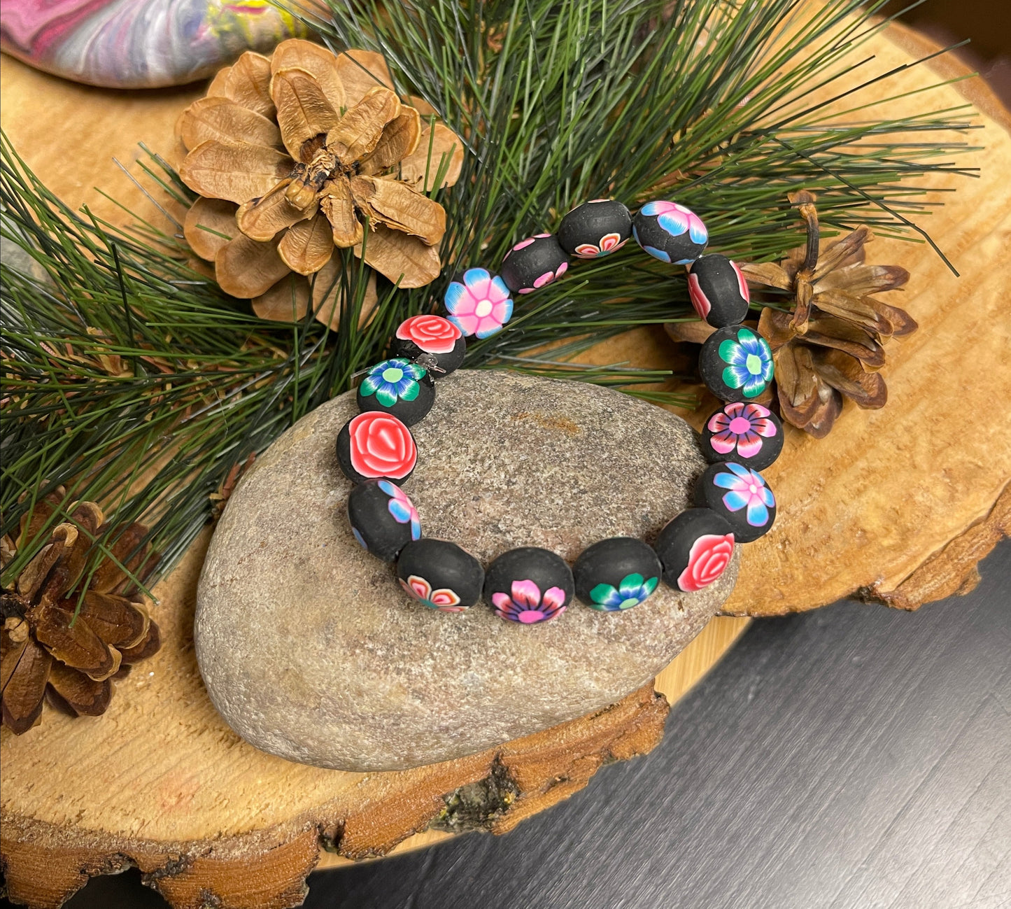 Multi Flower Clay beaded Stretch braceletPink tiful of LOVE
