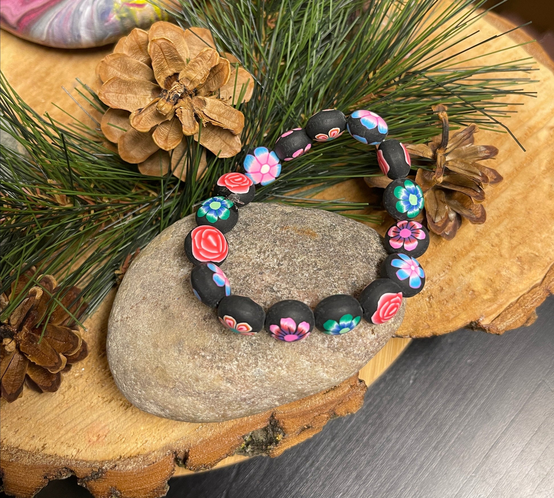 Multi Flower Clay beaded Stretch braceletPink tiful of LOVE
