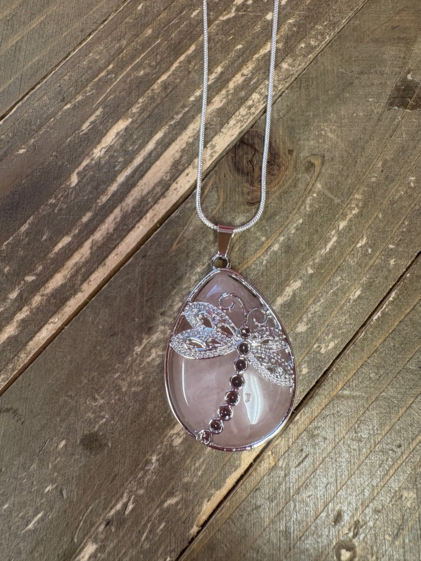 dragonfly and Natural waterdrop Stone Pendant on a silver chain Necklace
