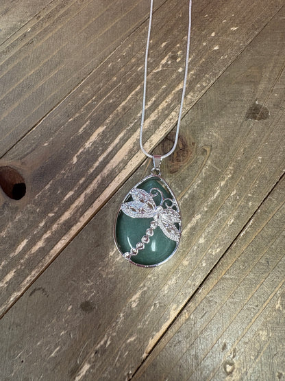 dragonfly and Natural waterdrop Stone Pendant on a silver chain Necklace