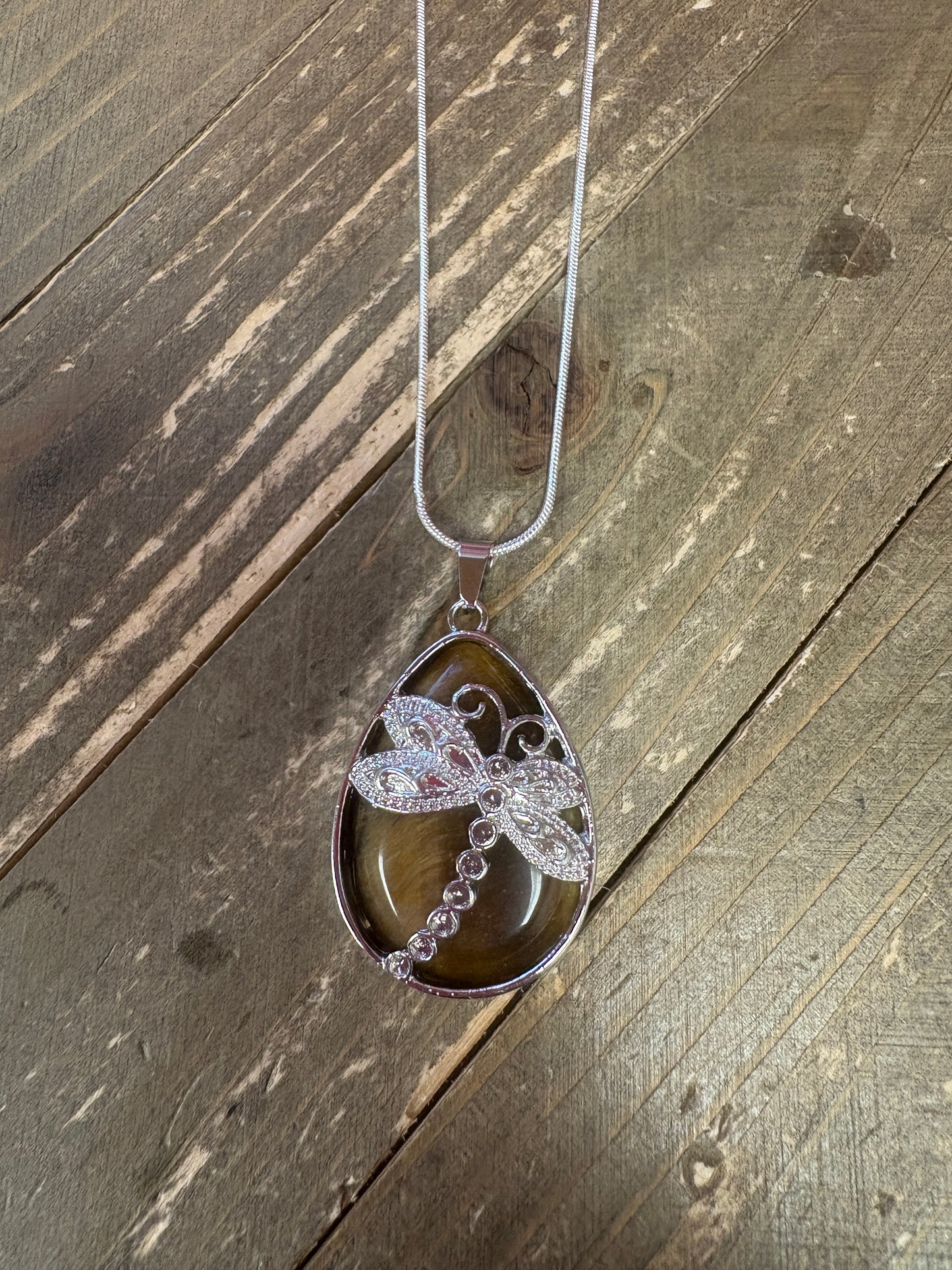 dragonfly and Natural waterdrop Stone Pendant on a silver chain Necklace