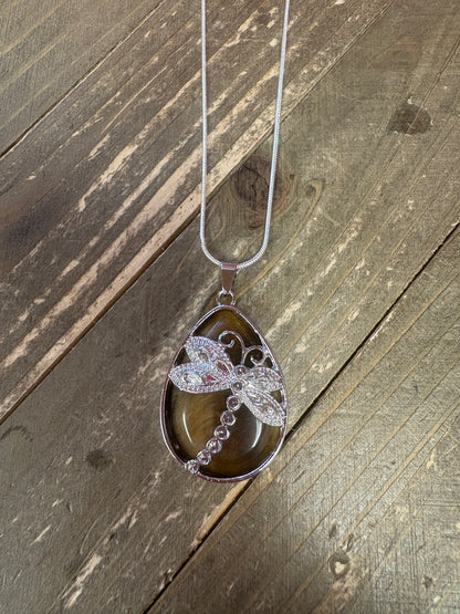 dragonfly and Natural waterdrop Stone Pendant on a silver chain Necklace