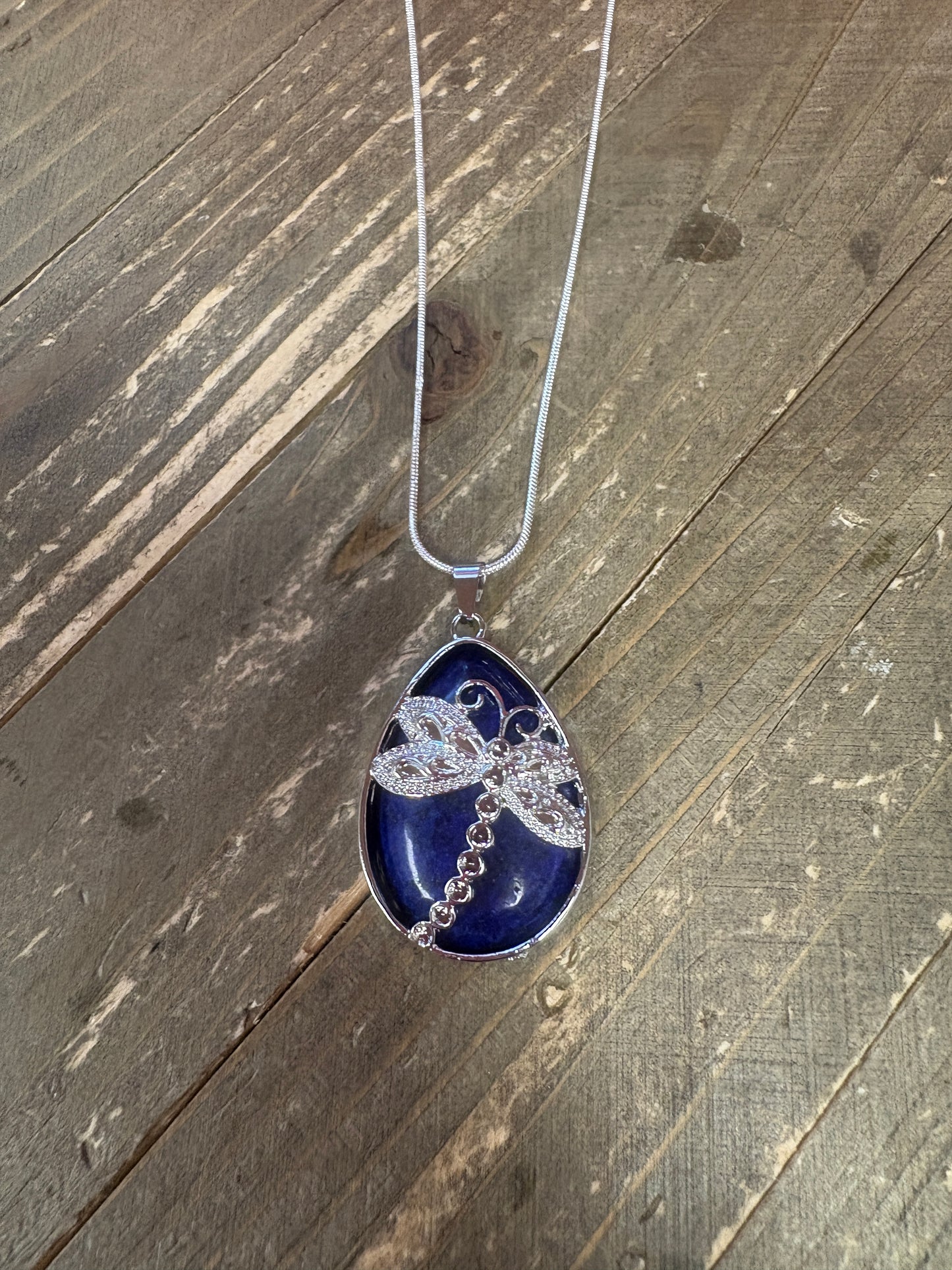 dragonfly and Natural waterdrop Stone Pendant on a silver chain Necklace