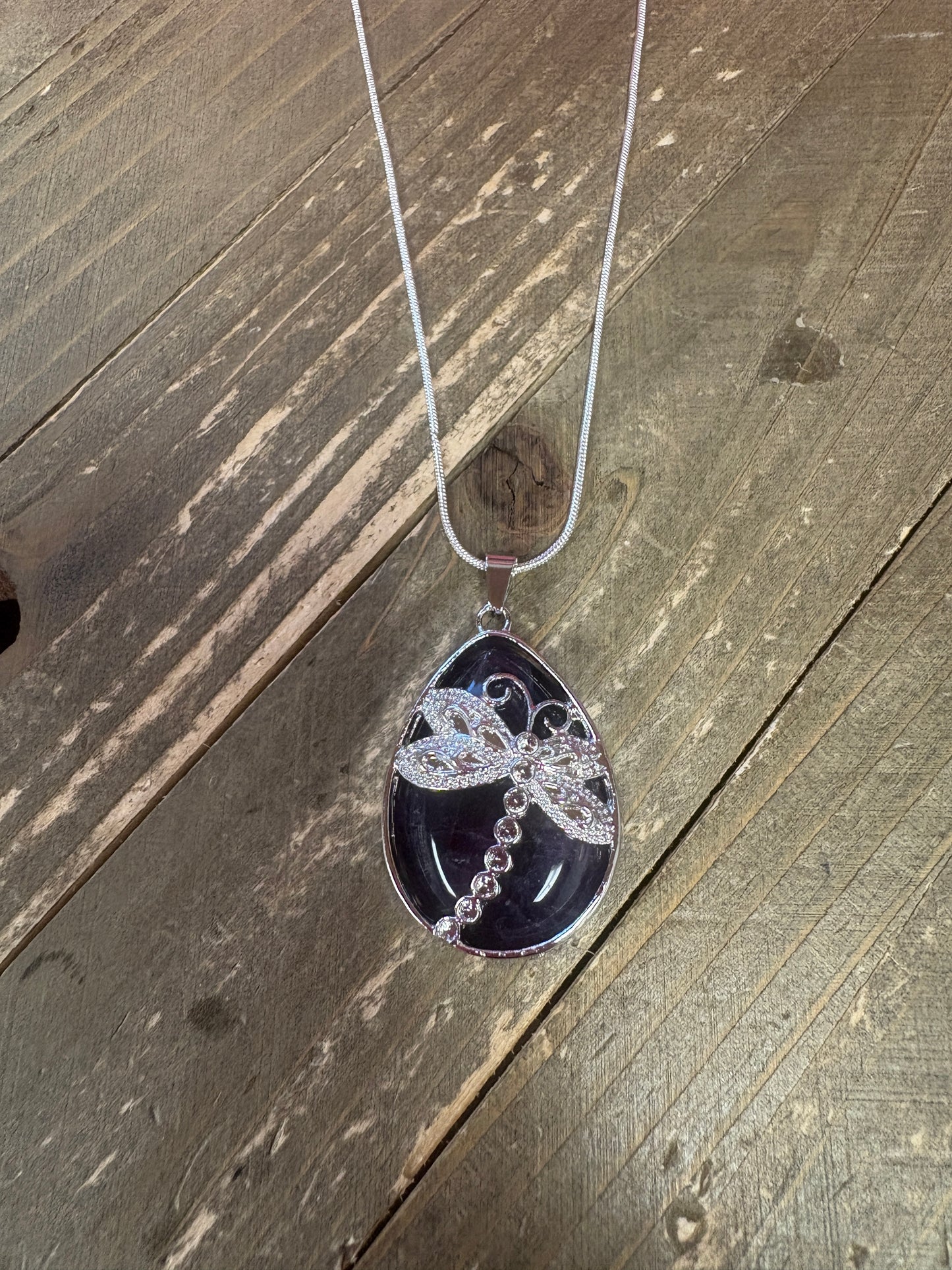 dragonfly and Natural waterdrop Stone Pendant on a silver chain Necklace