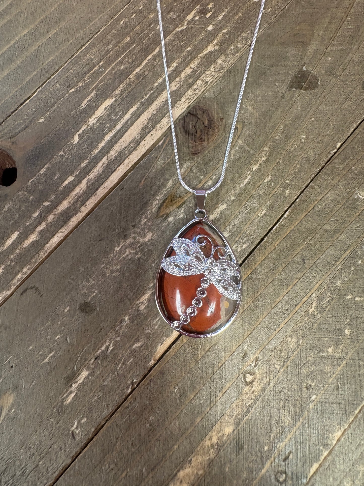 dragonfly and Natural waterdrop Stone Pendant on a silver chain Necklace