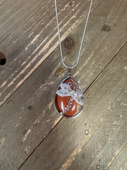 dragonfly and Natural waterdrop Stone Pendant on a silver chain Necklace