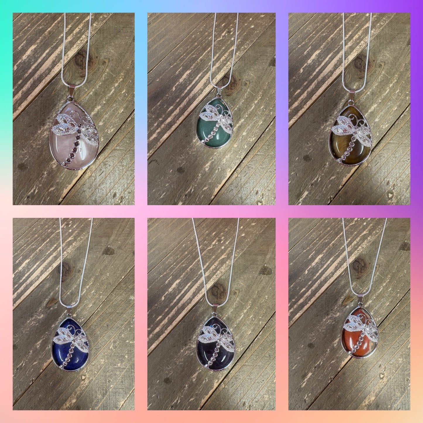 dragonfly and Natural waterdrop Stone Pendant on a silver chain Necklace