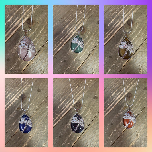 dragonfly and Natural waterdrop Stone Pendant on a silver chain Necklace