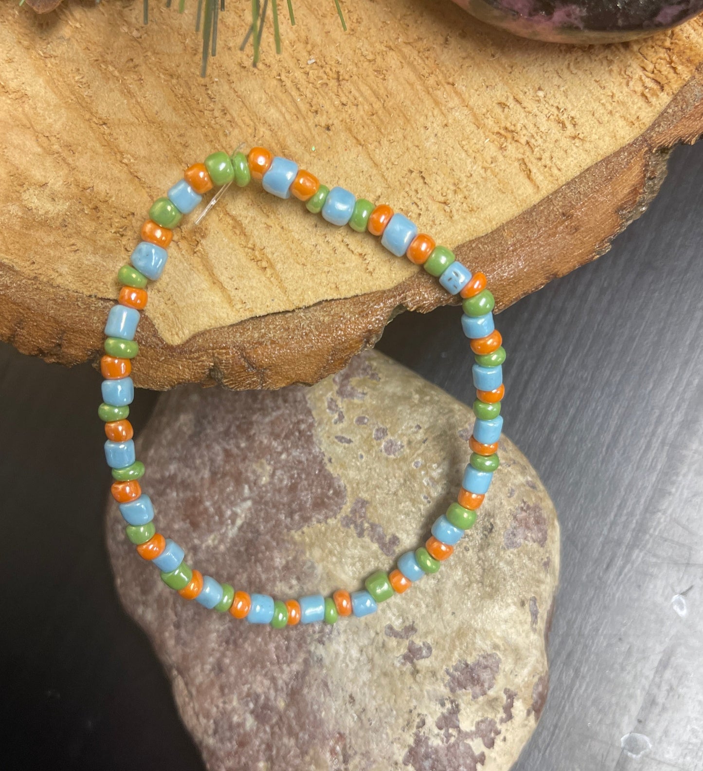 Green, Blue and Orange handcut Seed Beaded Elastic/Stretch Bracelet (2 bracelets)