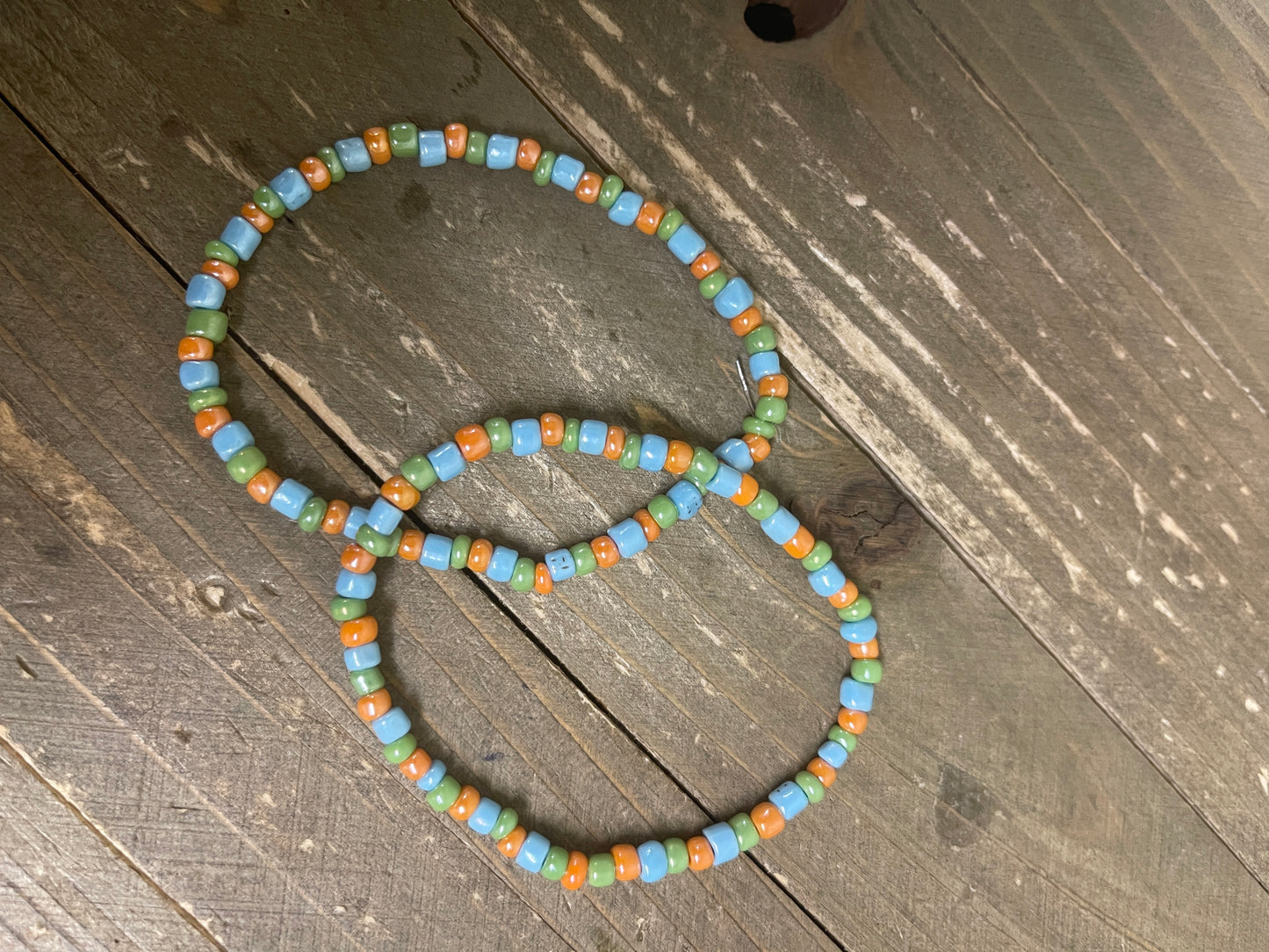 Green, Blue and Orange handcut Seed Beaded Elastic/Stretch Bracelet (2 bracelets)