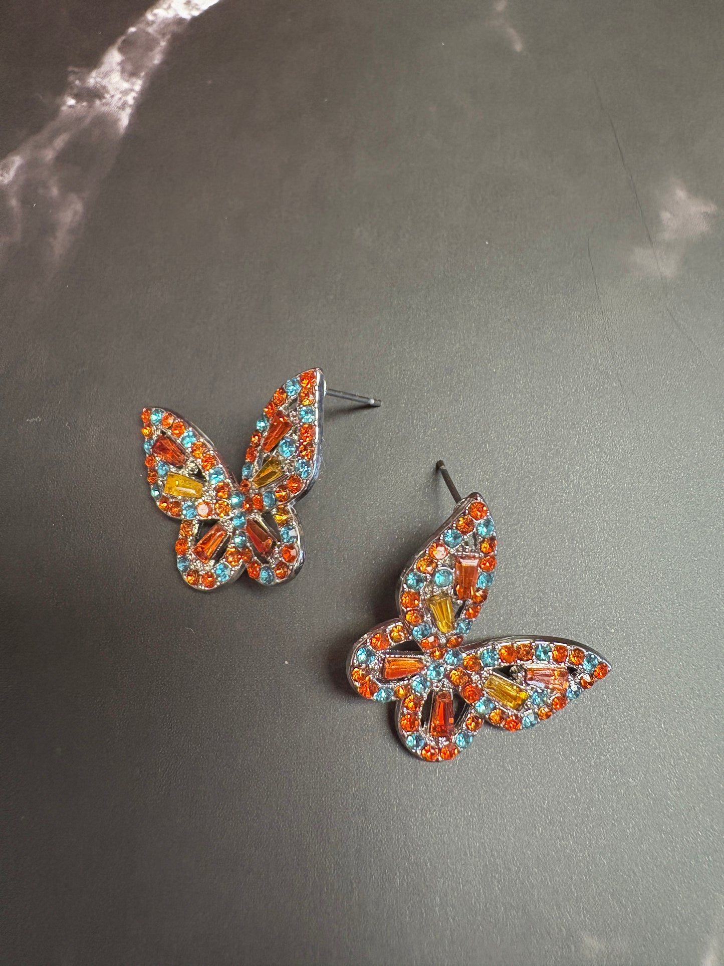 Orange, Blue Yellow Rhinestone Butterfly Stud Earrings