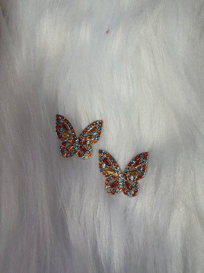 Orange, Blue Yellow Rhinestone Butterfly Stud Earrings