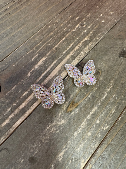 White Rhinestone Silver Butterfly Stud Earrings