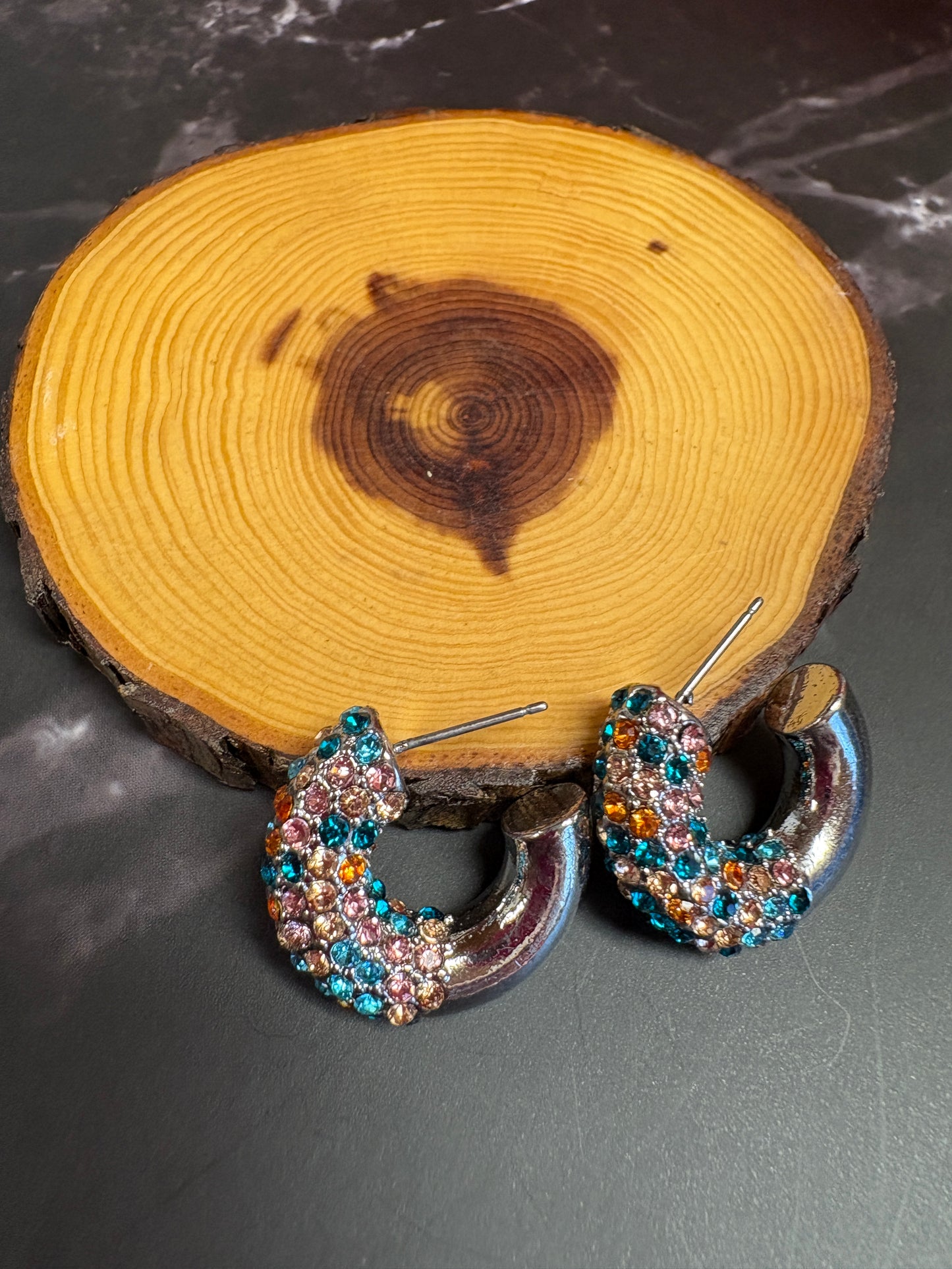 Multi-color rhinestone silver small hoop Stud Earrings