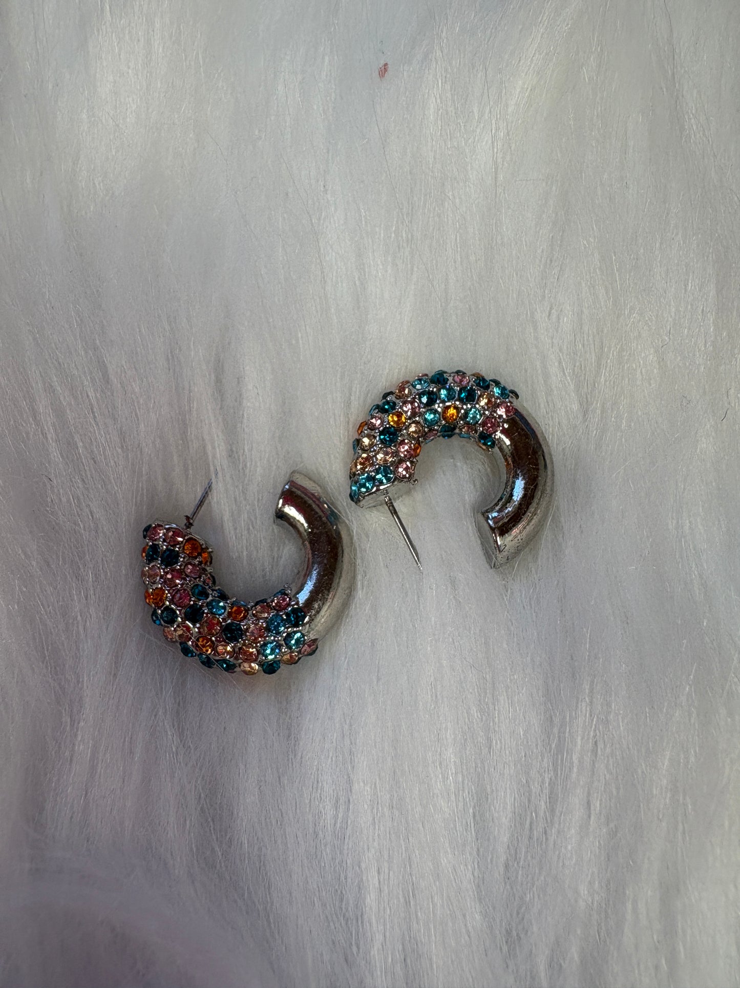 Multi-color rhinestone silver small hoop Stud Earrings