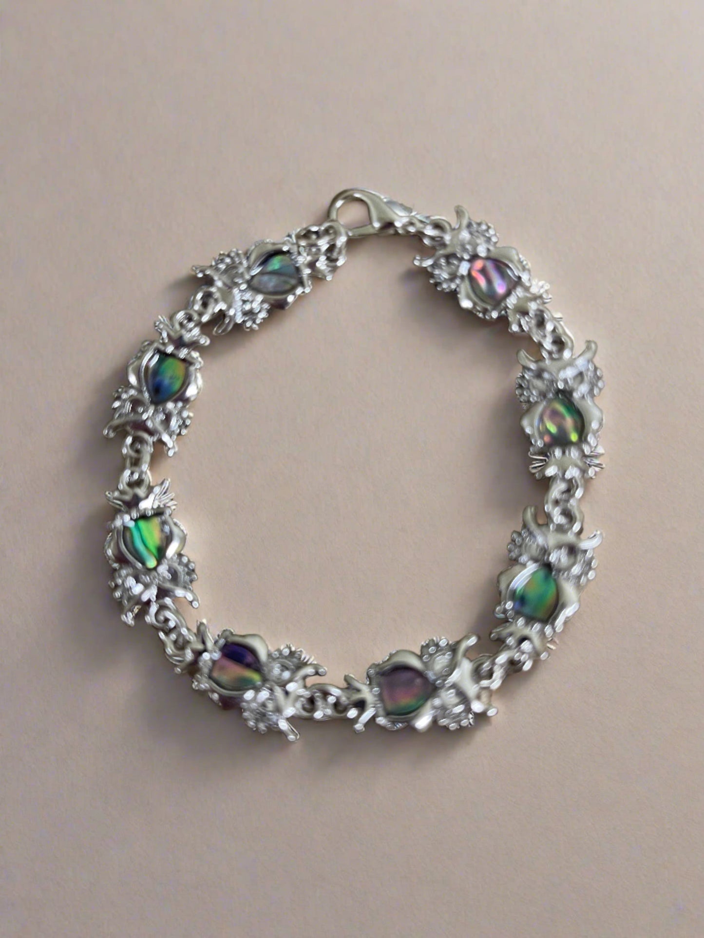 Owl Link Bracelet; combination of shell &amp; metal finish; measuring 7&quot; with 7 owlsPink tiful of LOVE