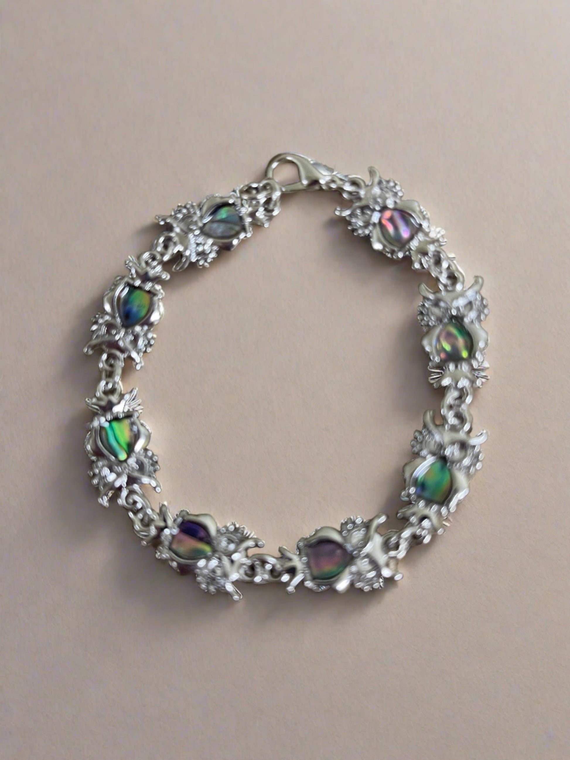 Owl Link Bracelet; combination of shell &amp; metal finish; measuring 7&quot; with 7 owlsPink tiful of LOVE