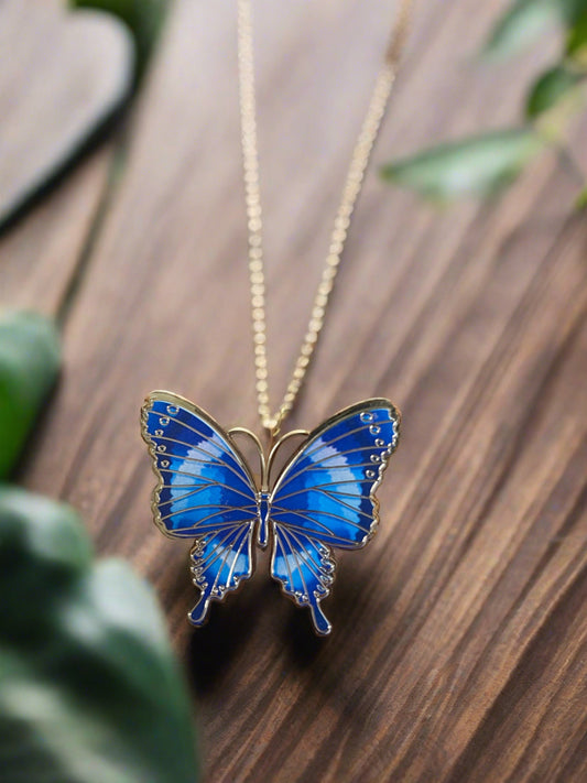 Blue  Butterfly Charm Pendant on a Gold chain Necklace
