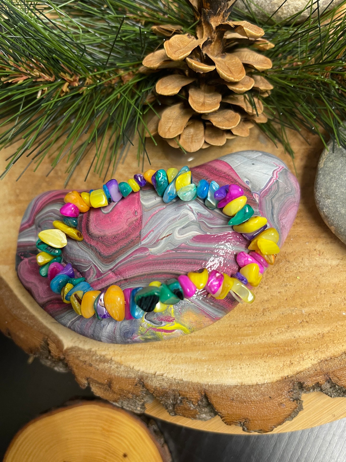 Multi Colored Dyed Shell Chip beaded Stretch bracelet