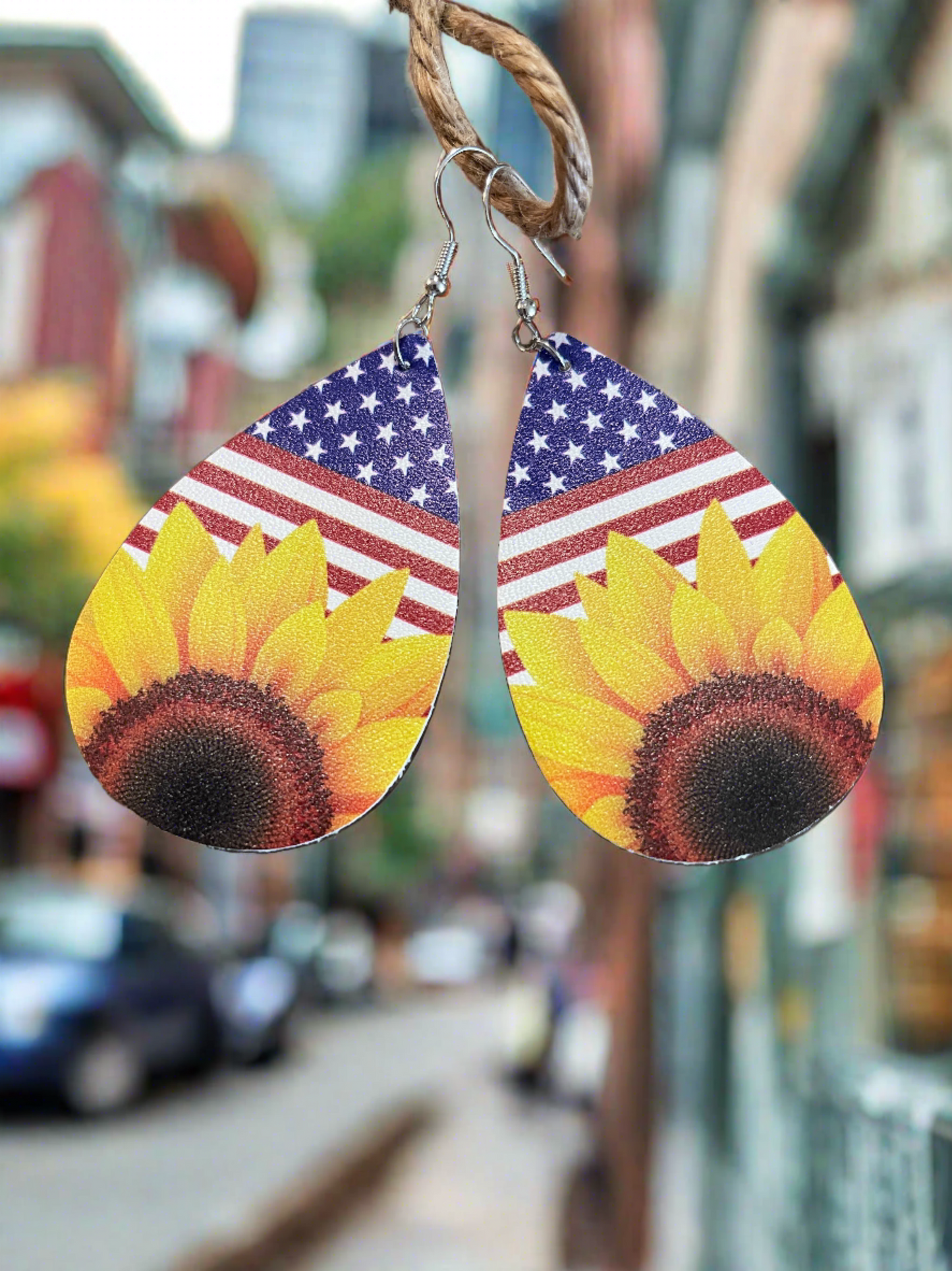 Independence Day/Sunflower Faux Leather Teardrop Wire EarringsPink tiful of LOVE