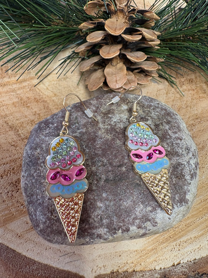 Ice Cream Cone Rhinestone Charm Wire Earrings
