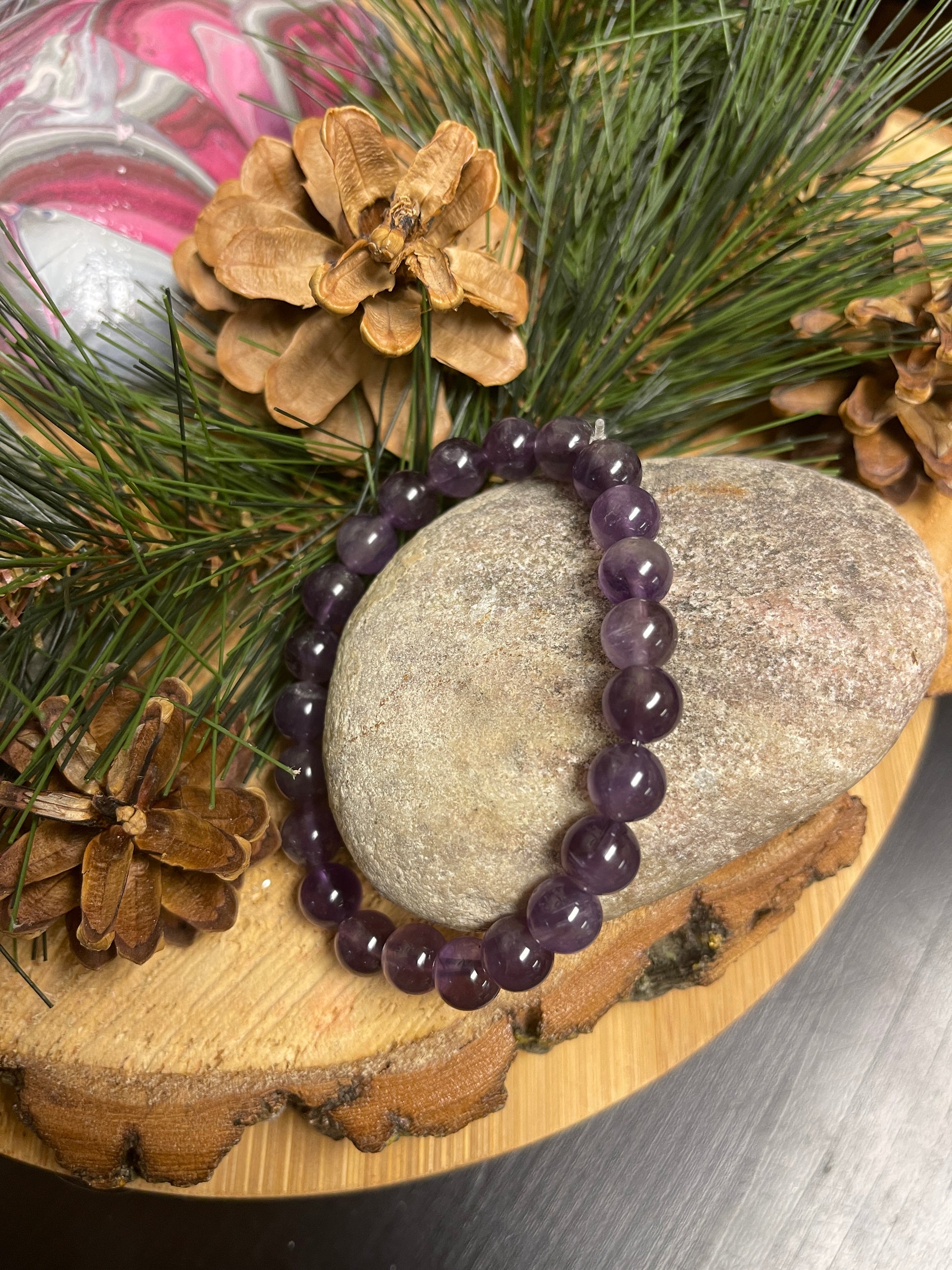 Amethyst Beaded Elastic Bracelet;  Natural Gemstones; perfect gift for him or herPink tiful of LOVE