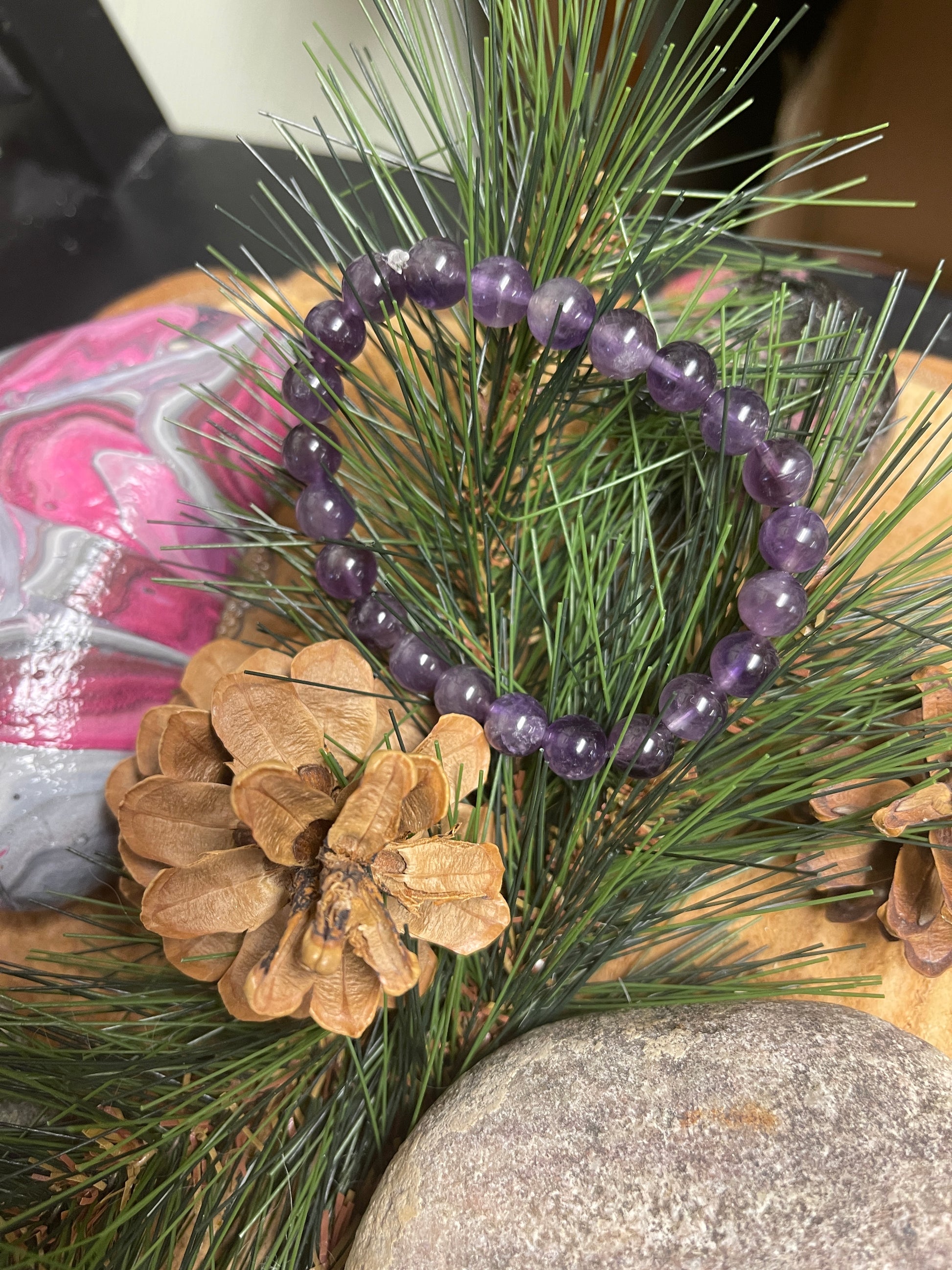Amethyst Beaded Elastic Bracelet;  Natural Gemstones; perfect gift for him or herPink tiful of LOVE