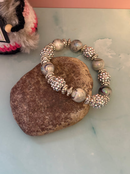 Silver Acrylic Shambala Beaded Stretch Bracelet