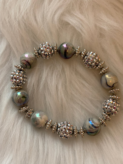 Silver Acrylic Shambala Beaded Stretch Bracelet
