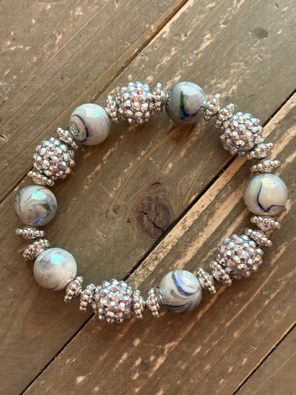 Silver Acrylic Shambala Beaded Stretch Bracelet