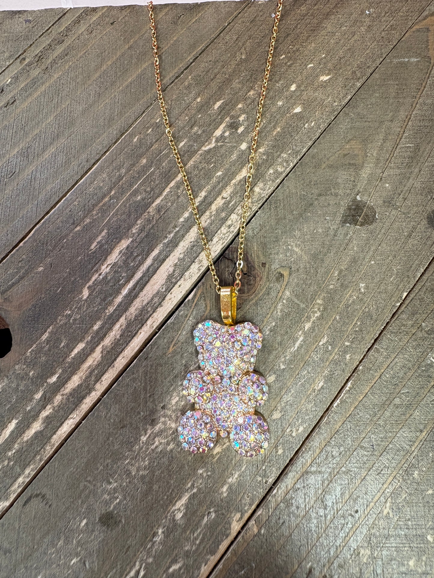Iridescent Rhinestone Teddy Bear pendant  on a gold chain Necklace