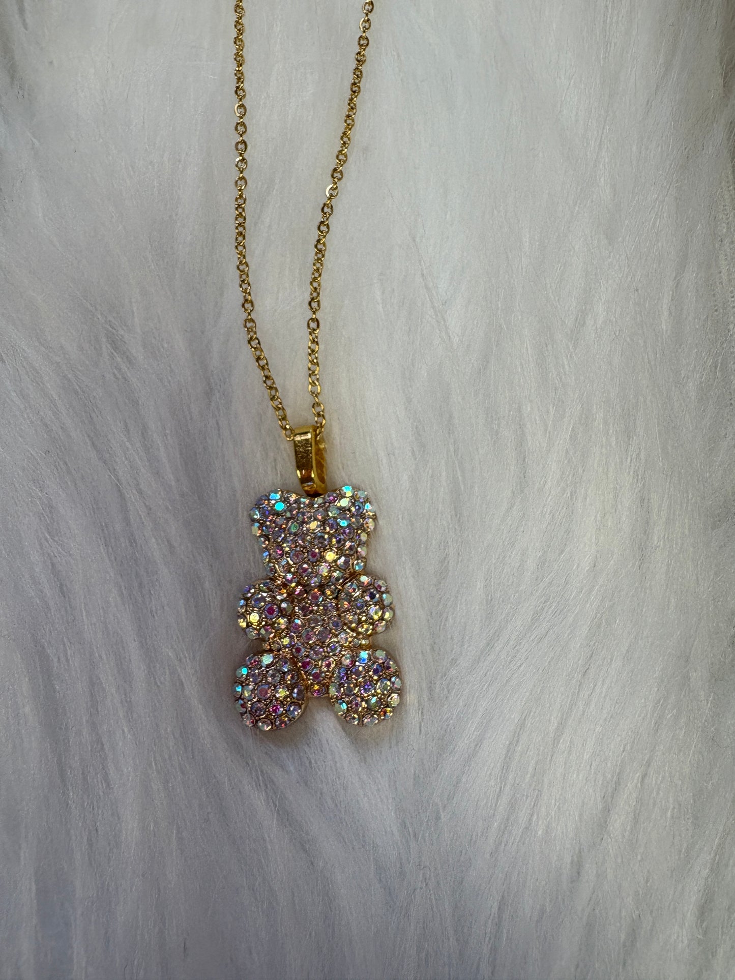 Iridescent Rhinestone Teddy Bear pendant  on a gold chain Necklace