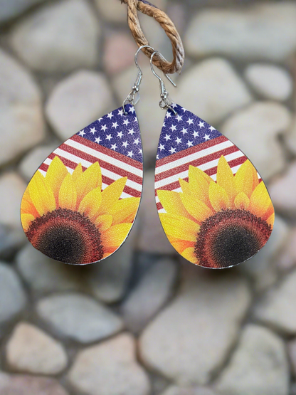 INDEPENDENCE DAY/SUNFLOWER Faux Leather Teardrop Wire EarringsPink tiful of LOVE