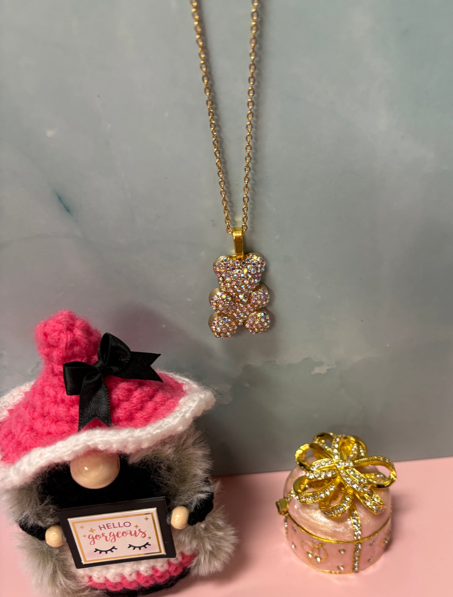 Iridescent Rhinestone Teddy Bear pendant  on a gold chain Necklace