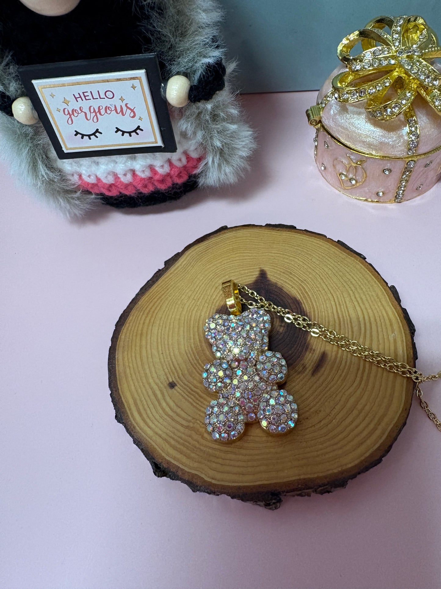 Iridescent Rhinestone Teddy Bear pendant  on a gold chain Necklace